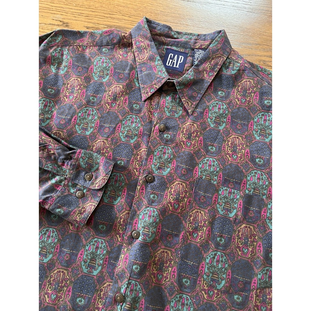 Vtg 90s Gap Shirt Men's‎ XL Floral Geometric LS Button Up Collared Red Green